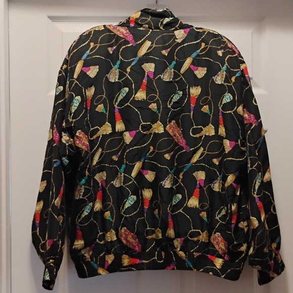 Vintage Rhoda Lynne Jacket Tassel Print Silk Full Zip Windbreaker 80s Size M - Picture 6 of 8